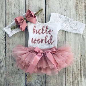 Baby Girl Coming Home Outfit Newborn outfit Hello World Outfit in Rose Gold Lace bodysuit Vintage Pink Newborn Photos Preemie Baby Lace+Tutu+Hb#4