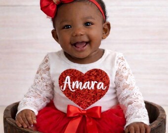 Personalized Baby Girl Valentine's Outfit: Red Glitter Heart, Tutu Bloomers