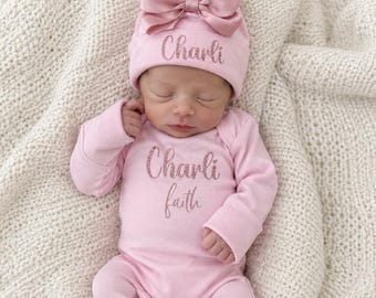 Personalized Baby Girl Coming Home Outfit: Pink Romper and Hat - Rose Gold Glitter
