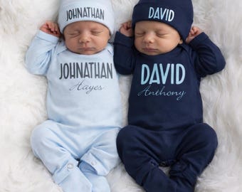 TWINS Personalized Baby Boy Coming Home Outfits: Blue Romper and Hat