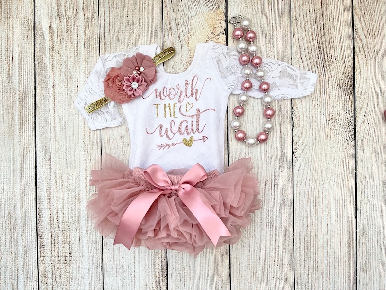 Baby Girl Coming Home Outfit Worth The Wait in Rose Gold and Dusty Pink Vintage Pink Tutu Bloomers Newborn Photos Preemie Baby Lace+Tutu+Hb+Nckl