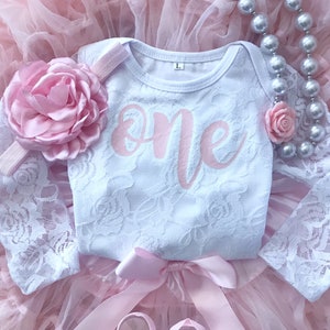 Baby Girl First Birthday Outfit in Lace - 1st Birthday Outfit in Pale Pink - Cake Smash - Birthday Photos