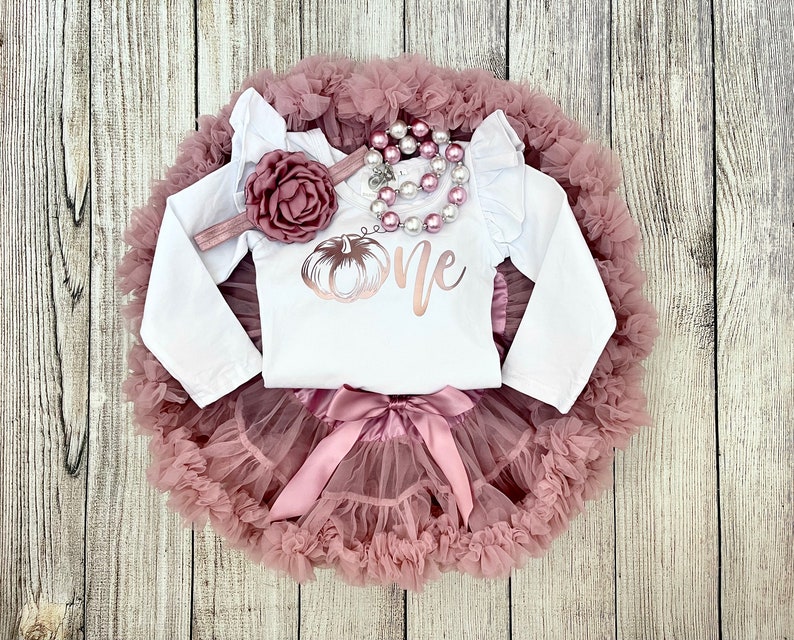 Pumpkin First Birthday Outfit 1st Birthday Outfit in Rose Gold and Dusty Pink Pumpkin Cake Smash Fall Birthday Photos image 9