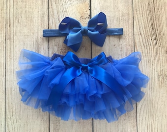 Baby Girl Royal Blue Tutu & Bow Headband - Electric Blue - Newborn Photos - Cake Smash - Baby Shower Gift - Diaper Cover - Preemie Baby