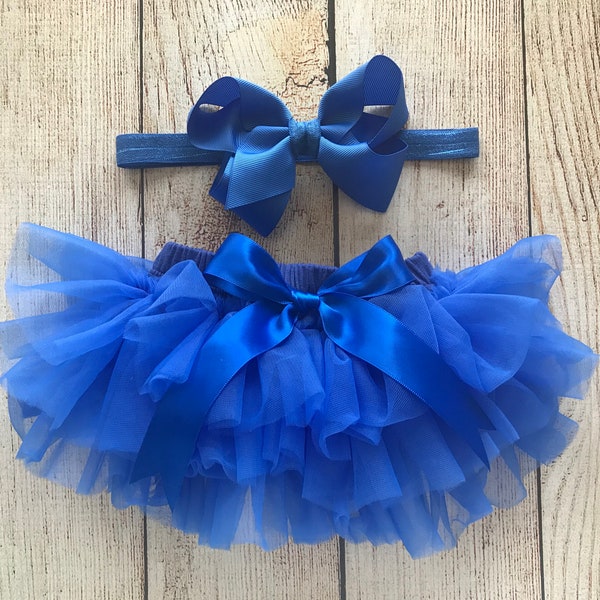 Baby Girl Royal Blue Tutu & Bow Headband - Electric Blue - Newborn Photos - Cake Smash - Baby Shower Gift - Diaper Cover - Preemie Baby