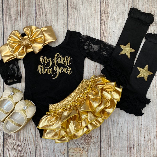 Baby Girl 1st New Year Outfit - Lace Bodysuit - My First New Year Outfit in black and gold - Premie baby