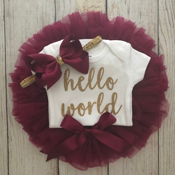 Hello World Outfit in Gold Glitter and wine/burgundy/maroon - Baby Girl Coming Home Outfit - Hello World - Tutu Bloomers - Newborn Photos