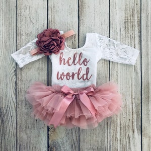 Baby Girl Coming Home Outfit Newborn outfit Hello World Outfit in Rose Gold Lace bodysuit Vintage Pink Newborn Photos Preemie Baby Lace+Tutu+Hb#2