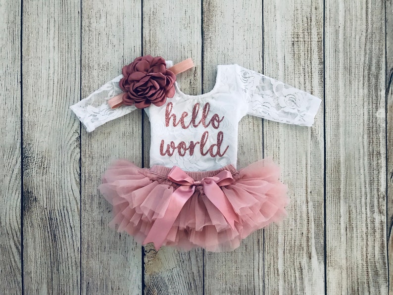 Baby Girl Coming Home Outfit Newborn outfit Hello World Outfit in Rose Gold Lace bodysuit Vintage Pink Newborn Photos Preemie Baby Lace+Tutu+Hb#2
