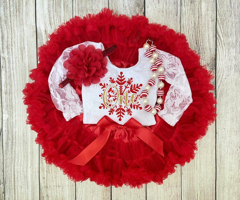 Soft Lace Winter Onederland First Birthday Outfit in Red Snowflake 1st Birthday Outfit Cake Smash Birthday Photos image 1