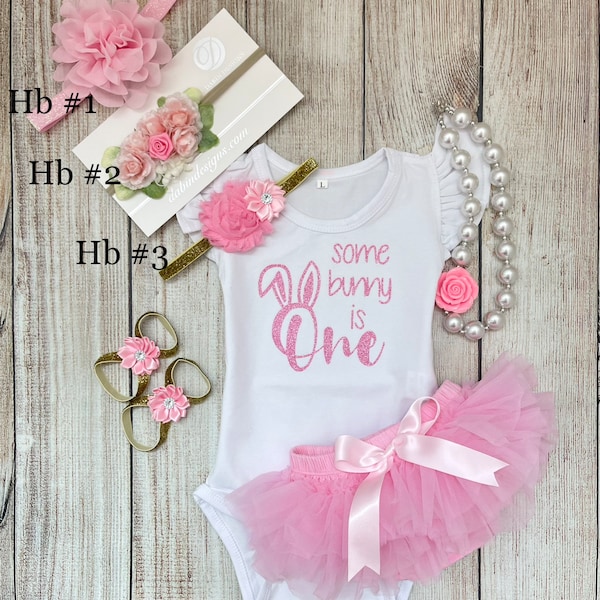 Some Bunny is One - Easter First Birthday Outfit - Baby Girl Bunny Outfit in Pink - Birthday Photos - Bunny Ears Headband