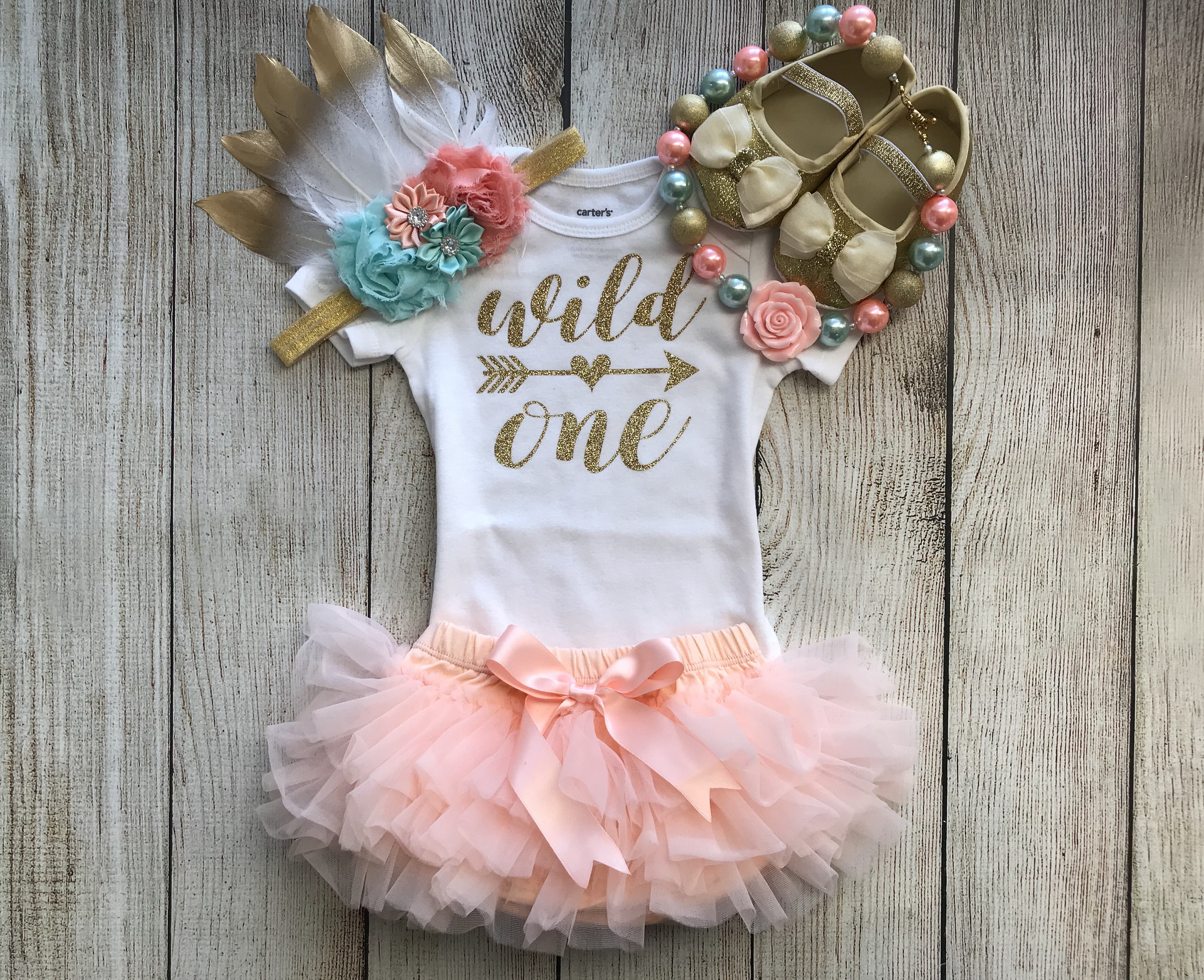 Wild One Girl First Birthday Outfit in Peach and Mint with Tutu Bloom…