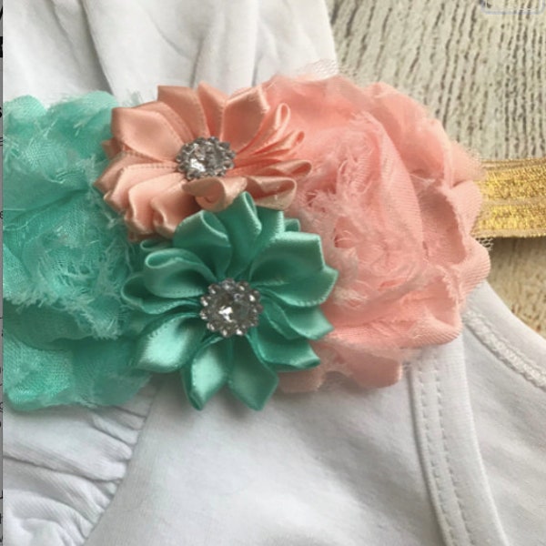 Baby Girl Coral and Mint bow - Baby Girl Flower Headband - Gold glitter