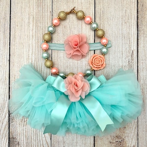 Baby Girl Tutu Bloomer & Headband in Mint and Peach - Aqua Teal Peach - Newborn Photos - Cake Smash Set - Baby Shower Gift - Diaper Cover