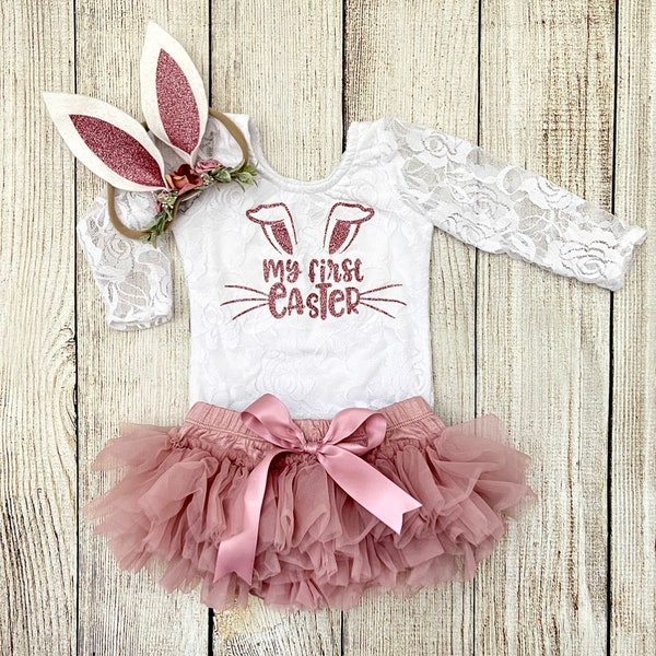 My First Easter Outfit - Baby Girl Bunny Outfit in Rose Gold and Dusty Pink / Mauve - Easter Photos