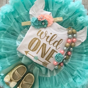 Wild One Birthday - Baby Girl First Birthday Outfit - Cake Smash - Gold tip Feather Headband - Matching Birthday Shirts