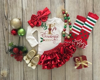 2025 Baby Girl 1st Christmas Outfit - My First Christmas in Red and Gold - Metallic Red - Baby’s 1st Christmas