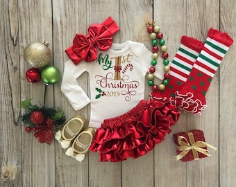 2023 Baby Girl 1st Christmas Outfit - My First Christmas in Red and Gold - Metallic Red - Baby’s 1st Christmas