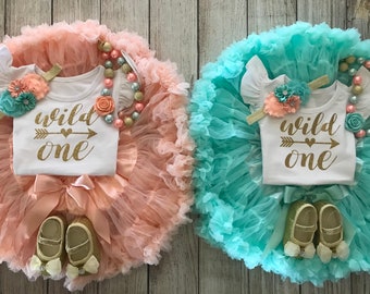 Twin Wild One 1st Birthday Outfits in Coral/Peach and Aqua/Mint - Wild One First Birthday - Cake Smash - 1st Birthday Photos