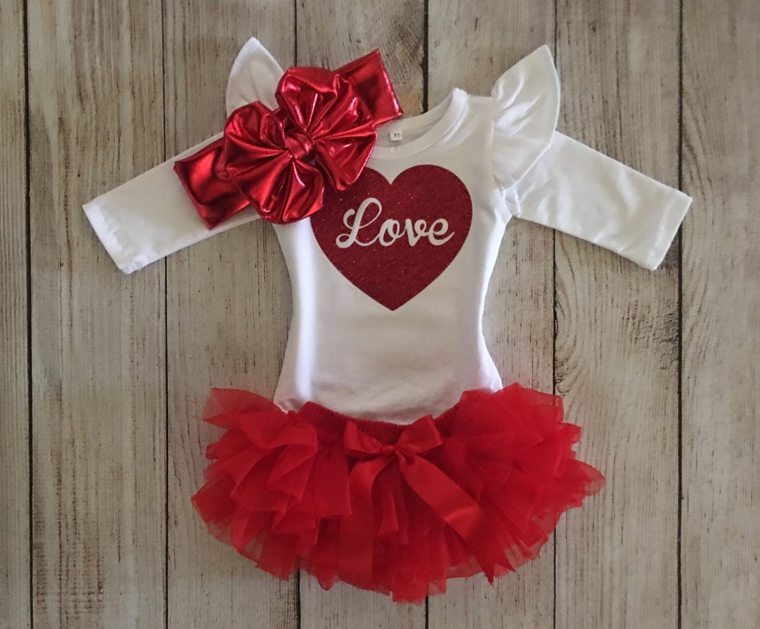 Baby Girl Valentines Day Outfit Love Red Glitter Heart Glitter Love