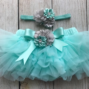 Baby Girl Tutu Bloomer & Headband Set in Aqua and Grey - Newborn Photo Set - Cake Smash Set - Baby Shower Gift - Diaper Cover