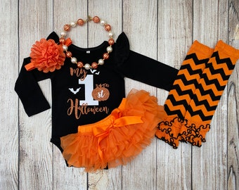 Baby Girl My 1st Halloween Outfit - My First Halloween - Halloween Tutu & Pumpkin Headband