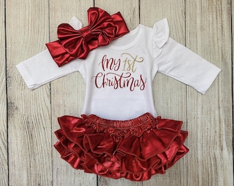 Baby Girl First Christmas Outfit – Red Ruffle Tutu, Headband & Bloomer Set
