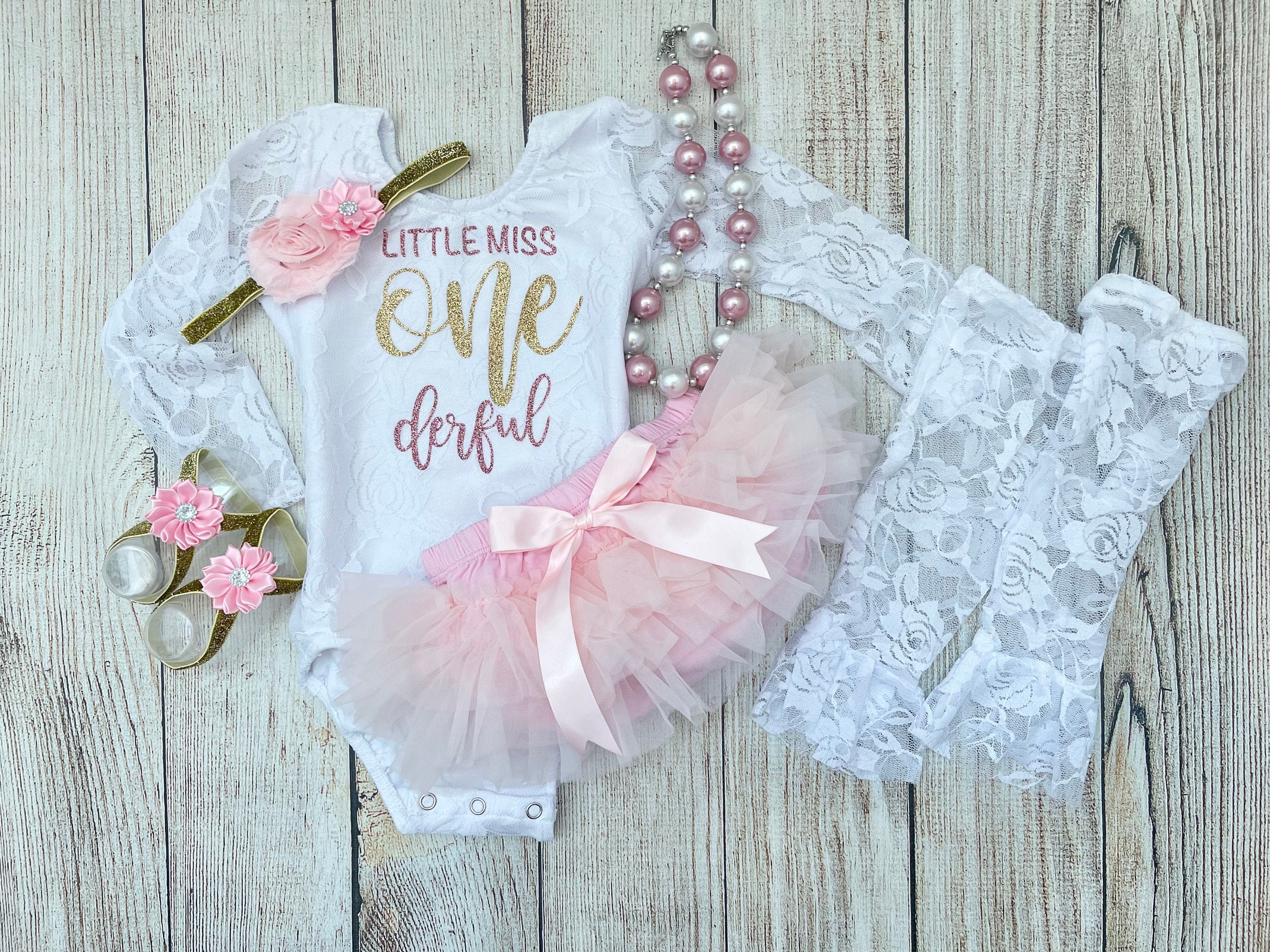 Little Miss Onederful First Birthday Outfit: Rose Gold & Pink Cake ...