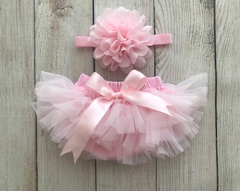 Baby Girl Ruffle Tutu Bloomers & Glitter Headband in Light Pink - Newborn Photos - Pale Pink - Cake Smash - Baby Shower Gift - Diaper Cover