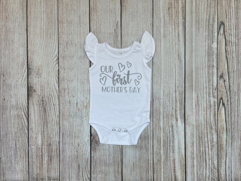 Baby Girl First Mothers Day Outfit Mothers Day gift Our First Mothers Day Mother's Day Photos Flutter Onesie Only