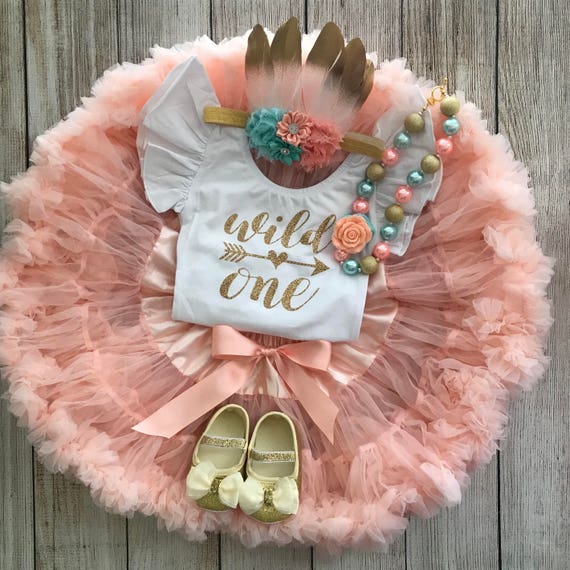 Wild One Girl First Birthday Outfit in Peach, Mint & Gold With Pettiskirt  and Feather Headband Cake Smash 1st Birthday Photos 