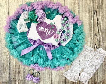 Mermaid First Birthday Outfit in Lace - 1st Birthday Outfit in Teal and Lavender - Mermaid Cake Smash - Birthday Photos