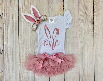 Rose Gold Bunny First Birthday Outfit: Baby Girl Tutu & Ears Headband