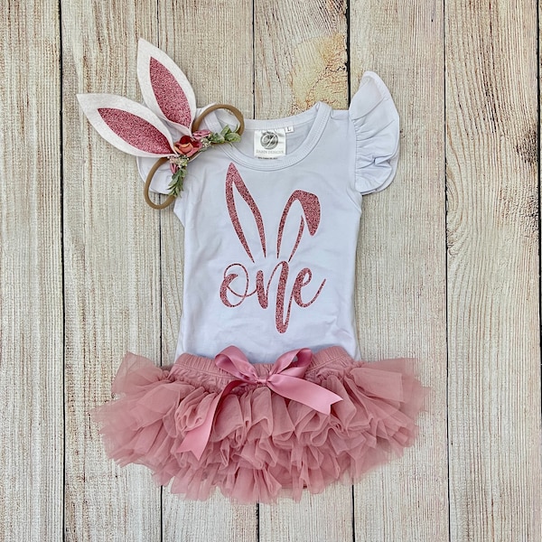 Easter First Birthday Outfit - Baby Girl Bunny Outfit in Rose Gold and Dusty Pink / Mauve - Birthday Photos - Bunny Ears Headband