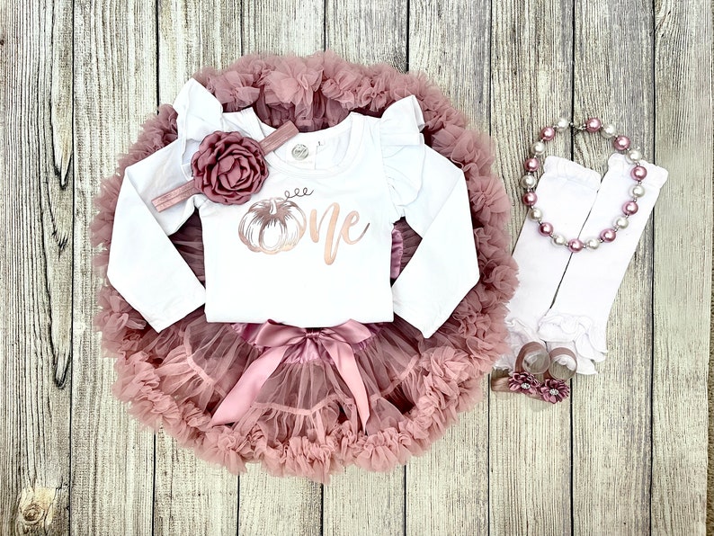 Pumpkin First Birthday Outfit 1st Birthday Outfit in Rose Gold and Dusty Pink Pumpkin Cake Smash Fall Birthday Photos image 4