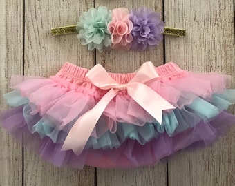 Baby Girl Pastel Rainbow Tutu Bloomers and Headband Set - Unicorn Tutu - Newborn Photos - Cake Smash - Baby Shower Gift