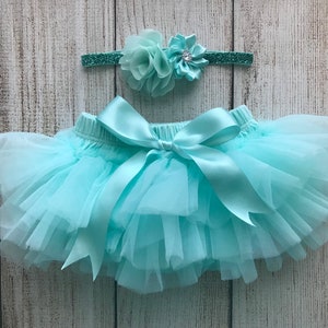 Baby Girl Tutu Bloomer and Flower Headband in Aqua - Newborn Photos - Cake Smash Set - Baby Shower Gift - Diaper Cover - Aqua Glitter