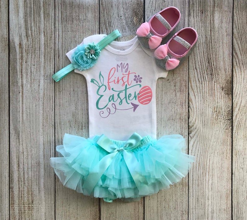 My First Easter Outfit Baby Girl Easter Outfit with tutu bloomers Silver Glitter Shoes-Easter Egg Hunt Easter Pictures Easter image 1