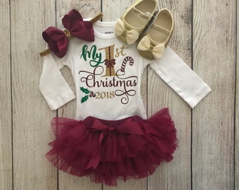 2025 Baby Girl Christmas Outfit in wine/burgundy and Gold - My First Christmas - Maroon and Gold - Baby’s 1st Christmas - Christmas Photos