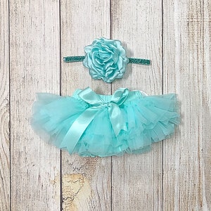 Baby Girl Aqua Tutu Bloomers & Glitter Headband Set - Newborn Photo Set - Cake Smash Set - Baby Shower Gift - Diaper Cover