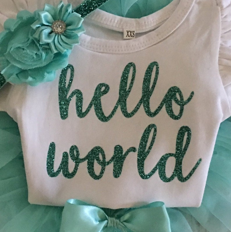 Baby Girl Coming Home Outfit: Aqua Tutu Bloomers, Glitter Hello World ...