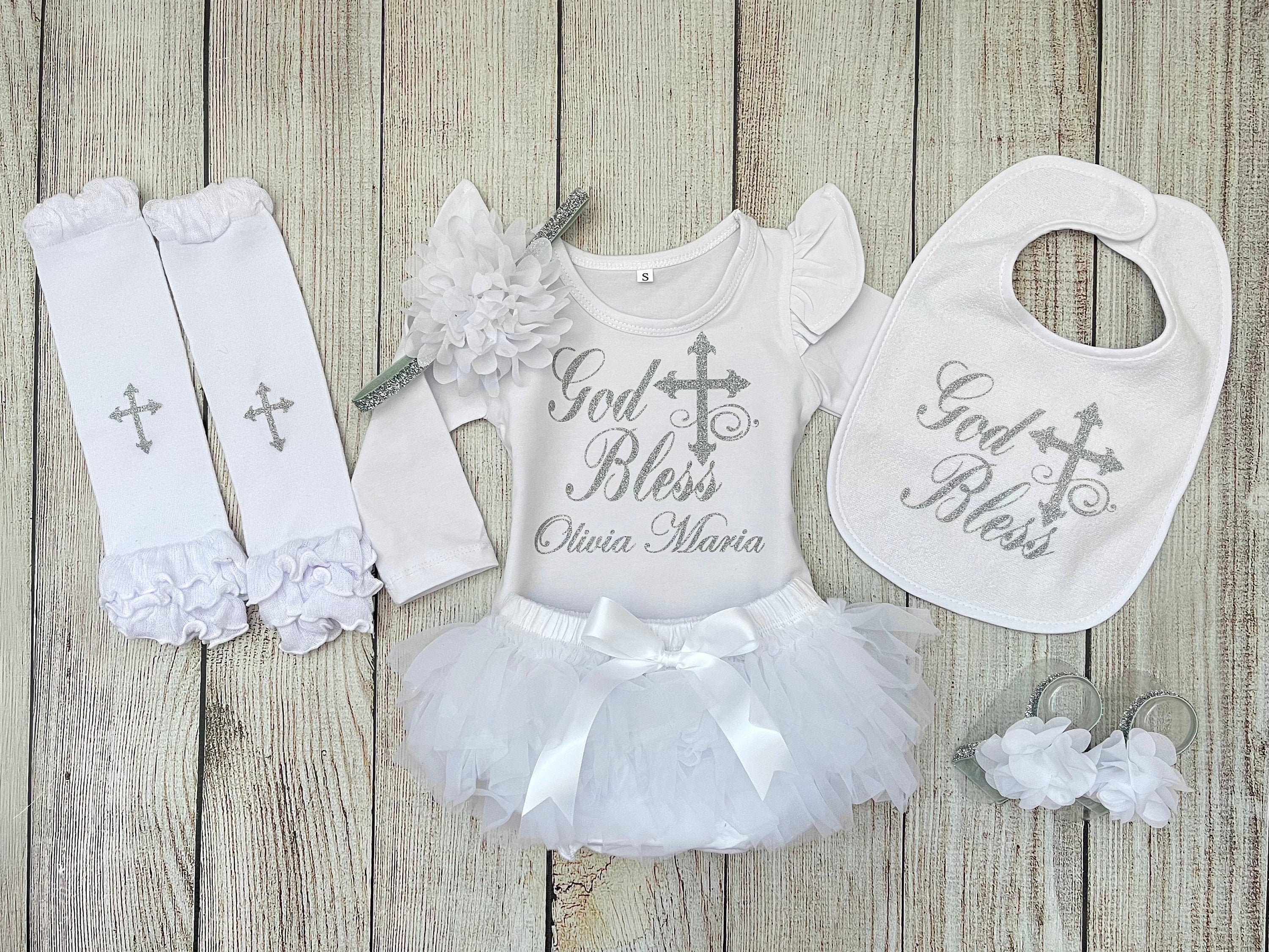 Baby Girl Baptism Outfit in Silver -  Baby Dedication Outfit - Christening Outfit - God Bless Outfit