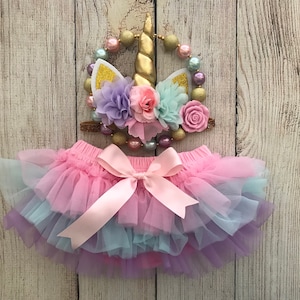 Unicorn Cake Smash Set in Pink, Aqua & Purple - Rainbow Tutu Bloomers - Unicorn Headband - Chunky Necklace - Toddler Unicorn - Diaper Cover