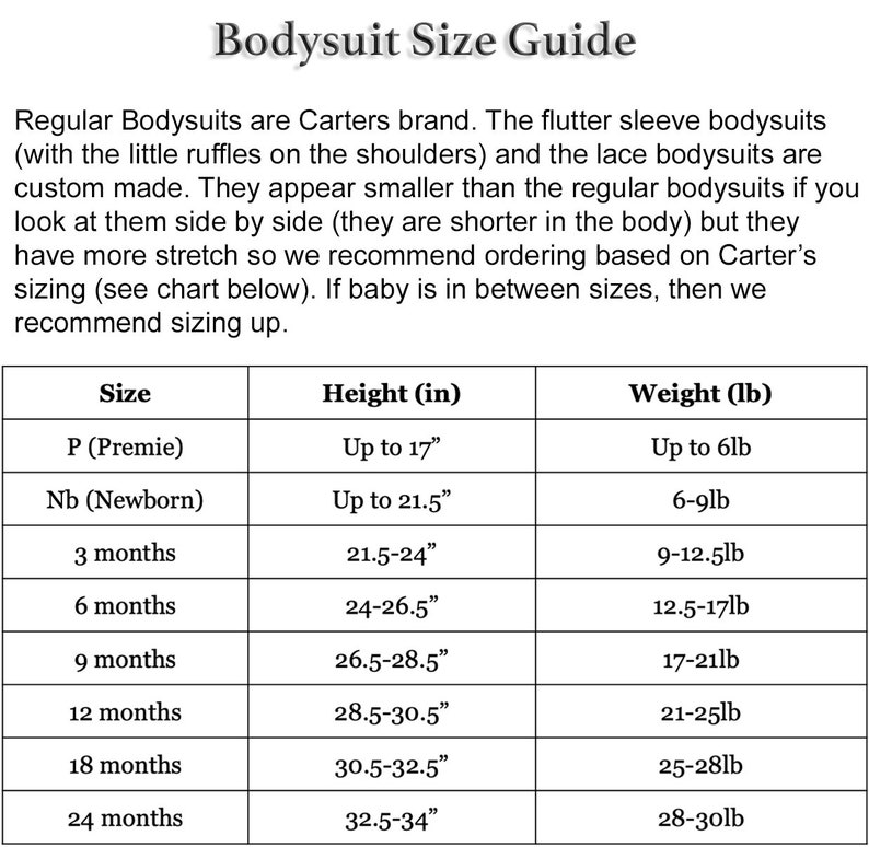 Puede incluir: Un gr&aacute;fico que muestra la gu&iacute;a de tallas para los bodys de la marca Carter's. El gr&aacute;fico enumera la talla, la altura en pulgadas y el peso en libras para beb&eacute;s desde prematuro hasta 24 meses.