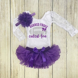 Baby Girl Football Outfit Horned Frogs Cutest Fan Outfit TCU Football with Daddy Outfit Lace+Tutu+Hband