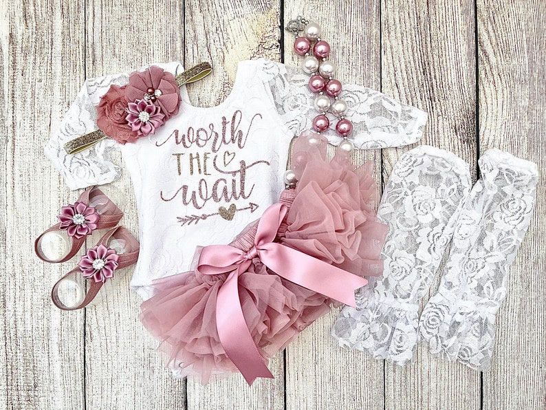 Baby Girl Coming Home Outfit Worth The Wait in Rose Gold and Dusty Pink Vintage Pink Tutu Bloomers Newborn Photos Preemie Baby FullSet-LaceBodysuit