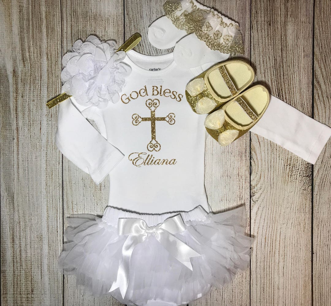 Personalized Baby Girl Baptism Outfit in White and Gold Baptism