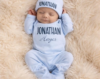 Personalized Baby Boy Coming Home Outfit: Blue Romper and Hat