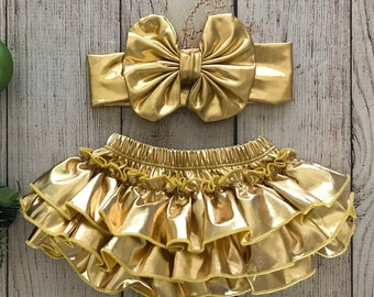 Baby Girl Metallic Gold Tutu Bloomers & Headband Set