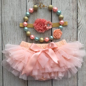 Baby Girl Cake Smash Set in Peach & Mint - Tutu Bloomers, Headband and Bubblegum Necklace - Cake Smash - Baby Shower Gift - Diaper Cover